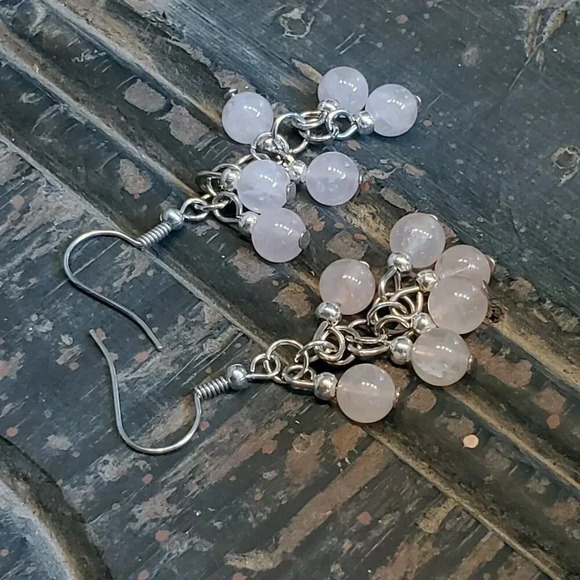 Rose Quartz Pink Gemstone Bead Dangle Silver Platinum Plated Earrings - Picture 2 of 10